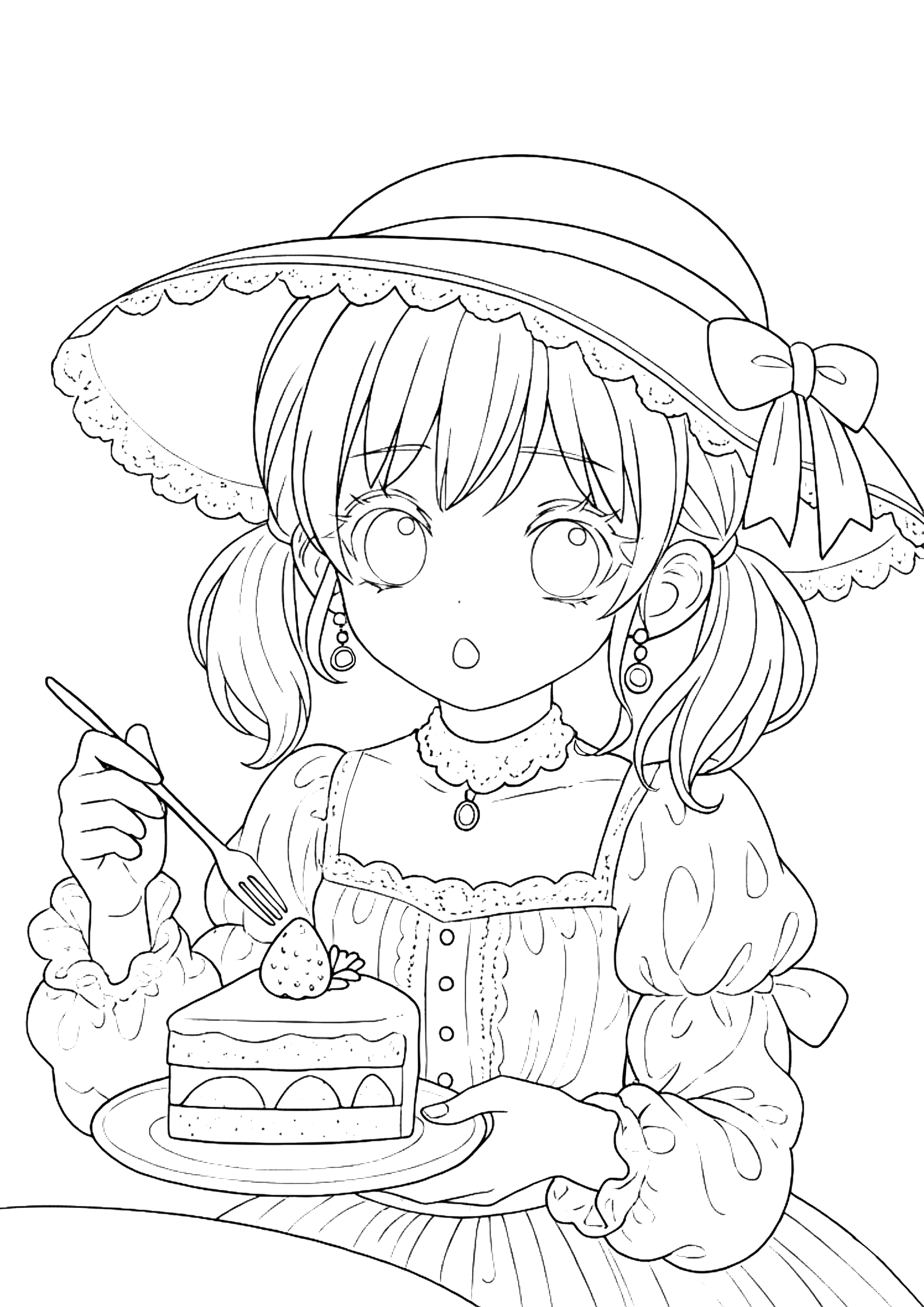 【無料ぬりえ】ケーキを食べるプリンセス