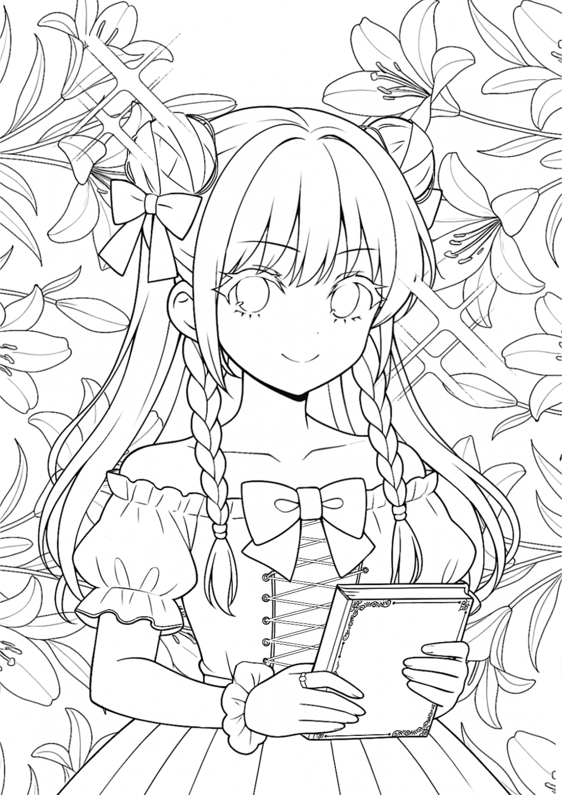 【無料ぬりえ】本を抱えるプリンセス